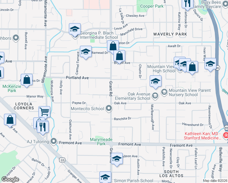 map of restaurants, bars, coffee shops, grocery stores, and more near 1385 Grant Road in Los Altos