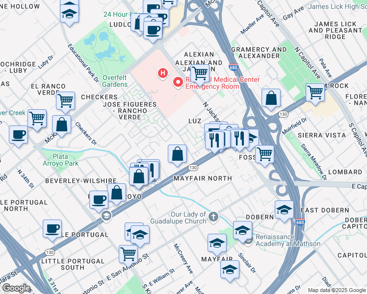 map of restaurants, bars, coffee shops, grocery stores, and more near 2091 Alum Rock Avenue in San Jose