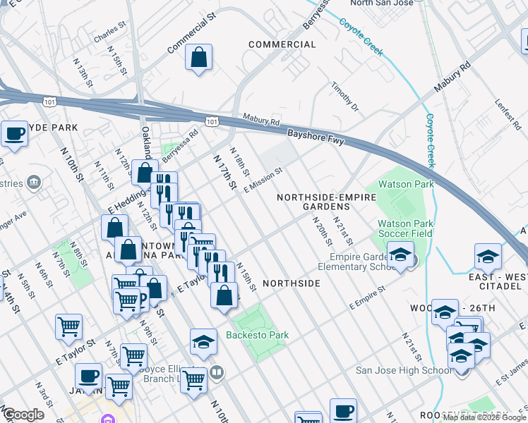 map of restaurants, bars, coffee shops, grocery stores, and more near 724 North 17th Street in San Jose