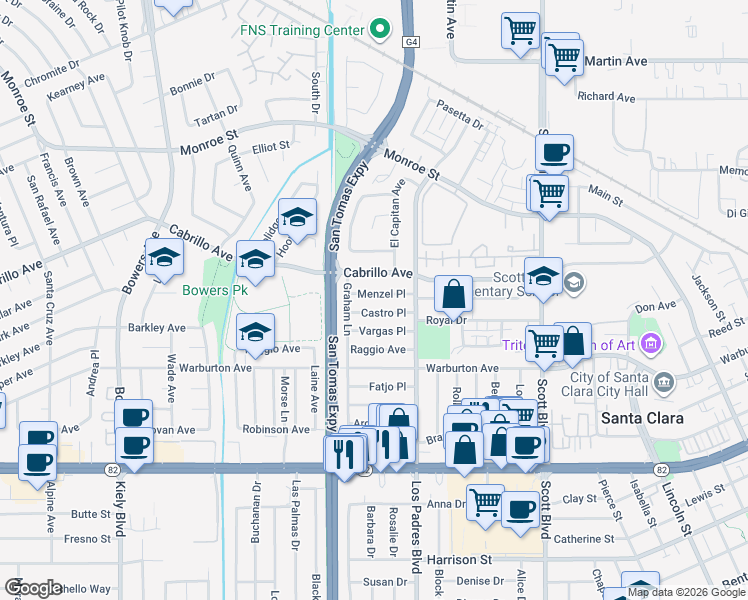 map of restaurants, bars, coffee shops, grocery stores, and more near 2352 Castro Place in Santa Clara