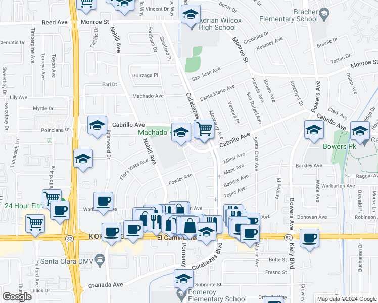 map of restaurants, bars, coffee shops, grocery stores, and more near 3291 Victoria Avenue in Santa Clara
