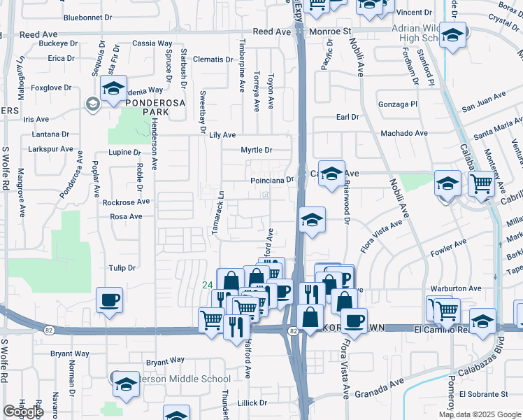 map of restaurants, bars, coffee shops, grocery stores, and more near 1901 Miraplaza Court in Santa Clara