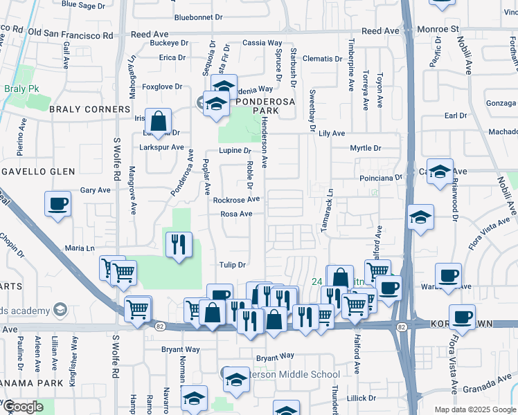 map of restaurants, bars, coffee shops, grocery stores, and more near 921 Henderson Avenue in Sunnyvale