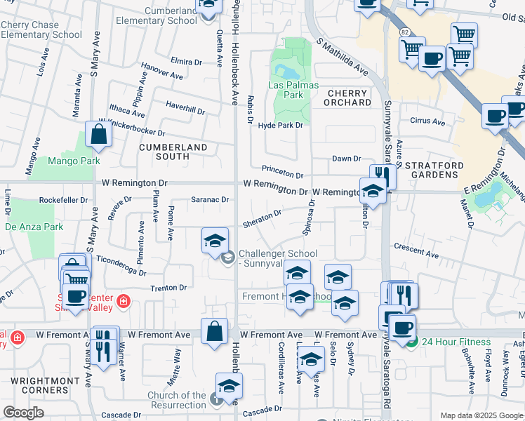 map of restaurants, bars, coffee shops, grocery stores, and more near 1130 Royal Ann Drive in Sunnyvale