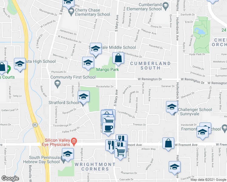 map of restaurants, bars, coffee shops, grocery stores, and more near 1149 South Mary Avenue in Sunnyvale