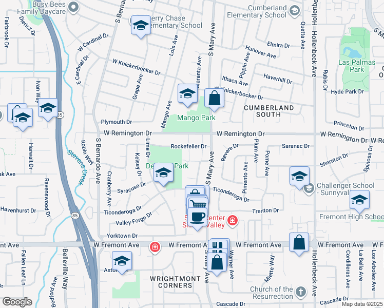 map of restaurants, bars, coffee shops, grocery stores, and more near 1136 Sherwood Court in Sunnyvale