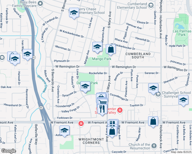 map of restaurants, bars, coffee shops, grocery stores, and more near 1136 Sherwood Court in Sunnyvale