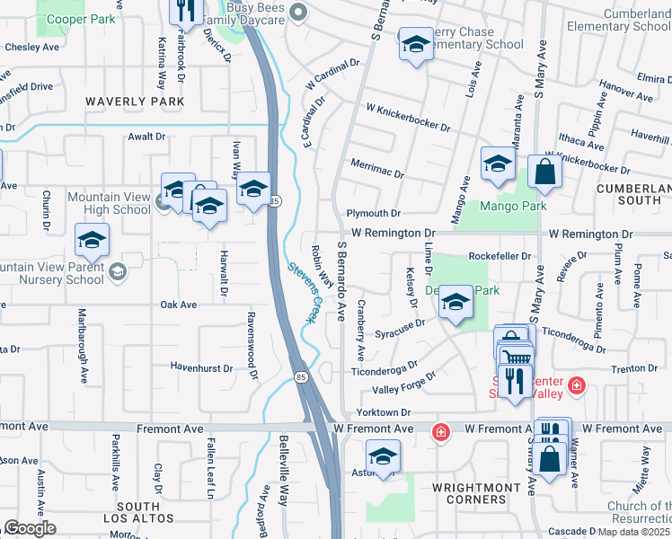 map of restaurants, bars, coffee shops, grocery stores, and more near 1156 South Bernardo Avenue in Sunnyvale