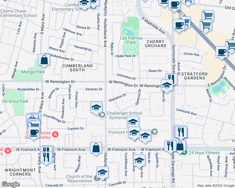 map of restaurants, bars, coffee shops, grocery stores, and more near 1130 Royal Ann Drive in Sunnyvale