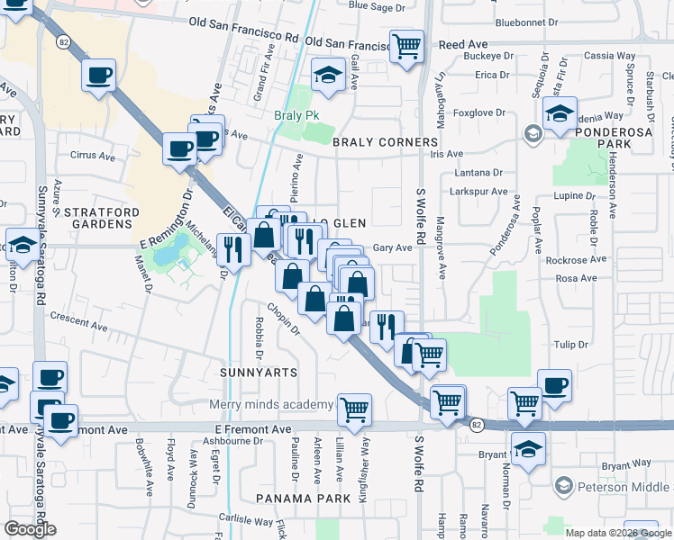 map of restaurants, bars, coffee shops, grocery stores, and more near Gail Ave & Linden Ave in Sunnyvale