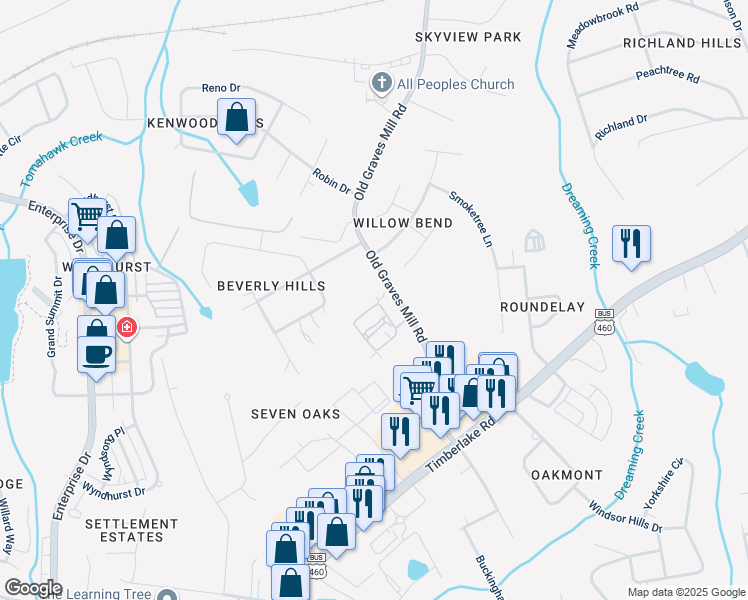 map of restaurants, bars, coffee shops, grocery stores, and more near 132 Salisbury Circle in Lynchburg