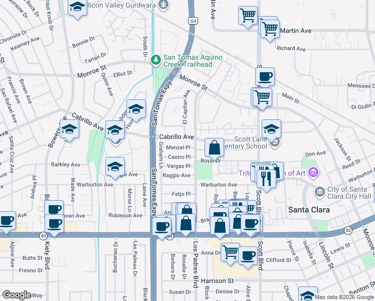map of restaurants, bars, coffee shops, grocery stores, and more near 2338 Menzel Place in Santa Clara