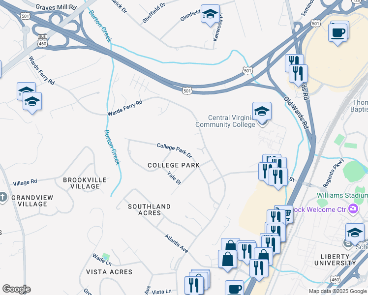 map of restaurants, bars, coffee shops, grocery stores, and more near 310 College Park Drive in Lynchburg