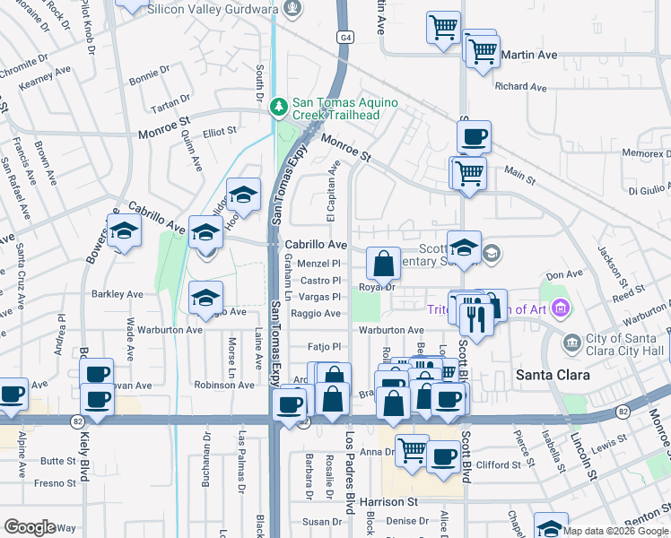 map of restaurants, bars, coffee shops, grocery stores, and more near 2338 Menzel Place in Santa Clara