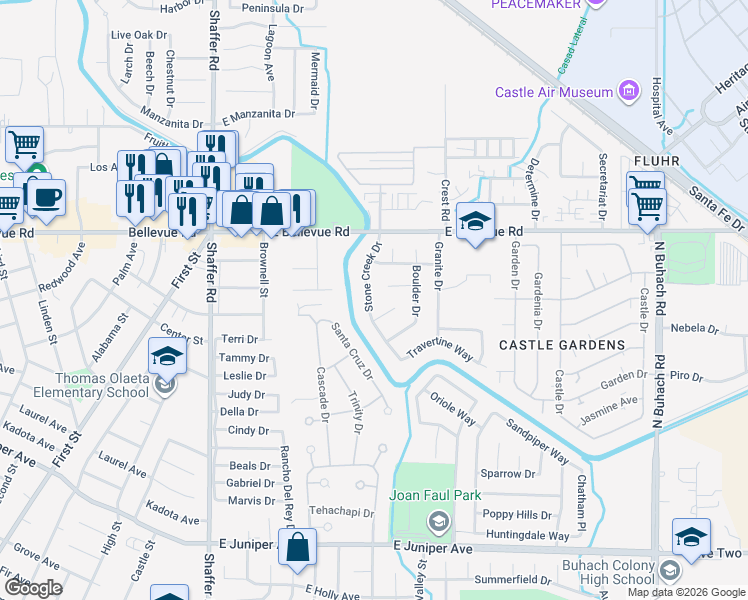 map of restaurants, bars, coffee shops, grocery stores, and more near 2531 Stone Creek Drive in Atwater
