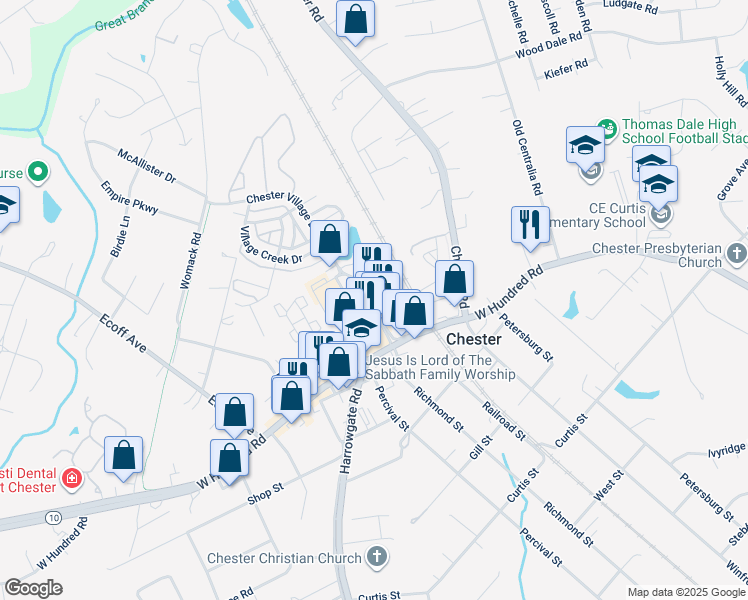 map of restaurants, bars, coffee shops, grocery stores, and more near 4201 Festival Drive in Chester