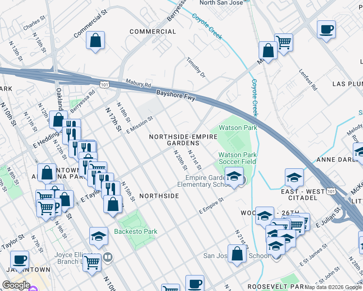 map of restaurants, bars, coffee shops, grocery stores, and more near 671 North 20th Street in San Jose