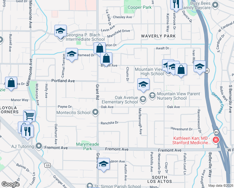 map of restaurants, bars, coffee shops, grocery stores, and more near 1390 Miravalle Avenue in Los Altos
