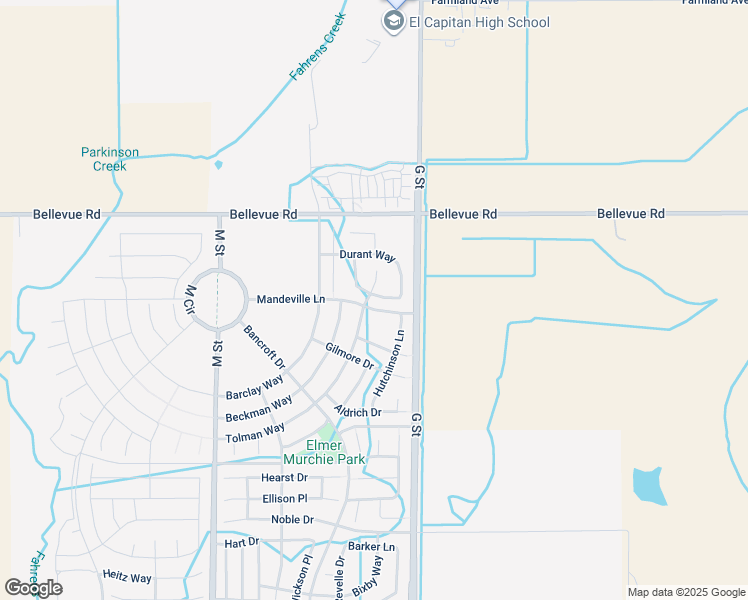 map of restaurants, bars, coffee shops, grocery stores, and more near 4837 Langley Way in Merced