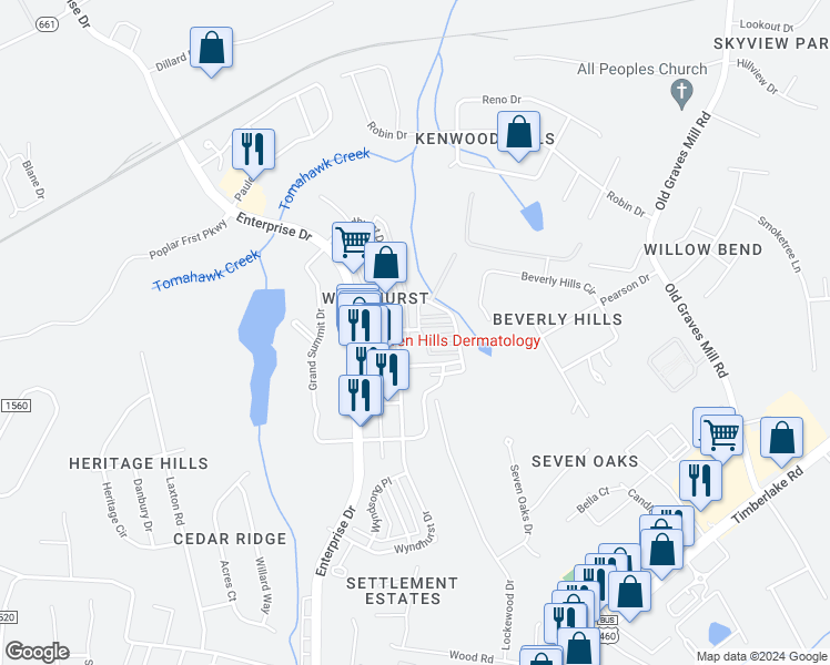 map of restaurants, bars, coffee shops, grocery stores, and more near 205 Margate Drive in Lynchburg