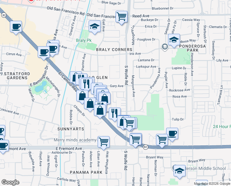 map of restaurants, bars, coffee shops, grocery stores, and more near 921 Mountain Ash Terrace in Sunnyvale