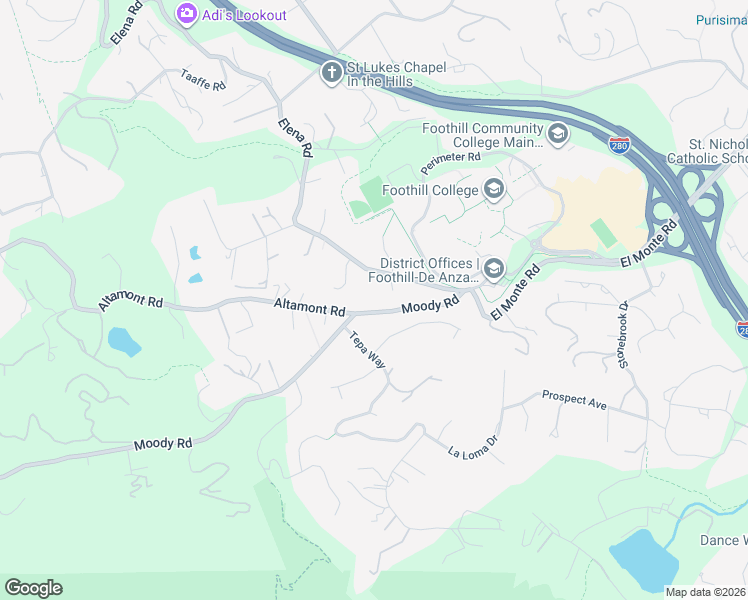 map of restaurants, bars, coffee shops, grocery stores, and more near 25525 Adobe Lane in Los Altos Hills