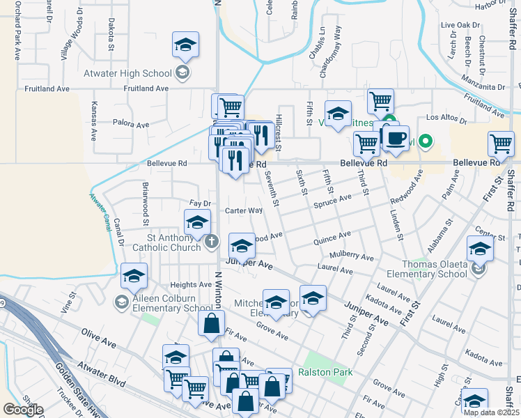 map of restaurants, bars, coffee shops, grocery stores, and more near 2412 Whipplewood Drive in Atwater