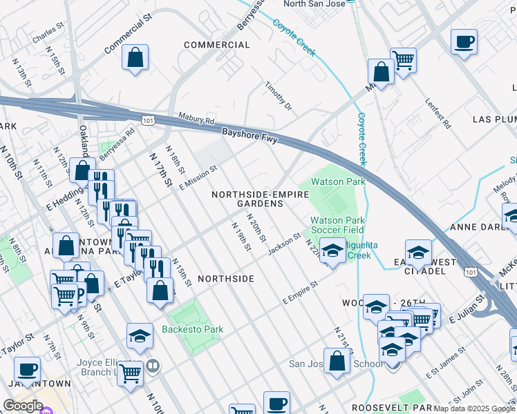 map of restaurants, bars, coffee shops, grocery stores, and more near 671 North 20th Street in San Jose