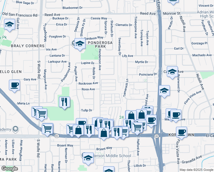 map of restaurants, bars, coffee shops, grocery stores, and more near 900 Henderson Avenue in Sunnyvale