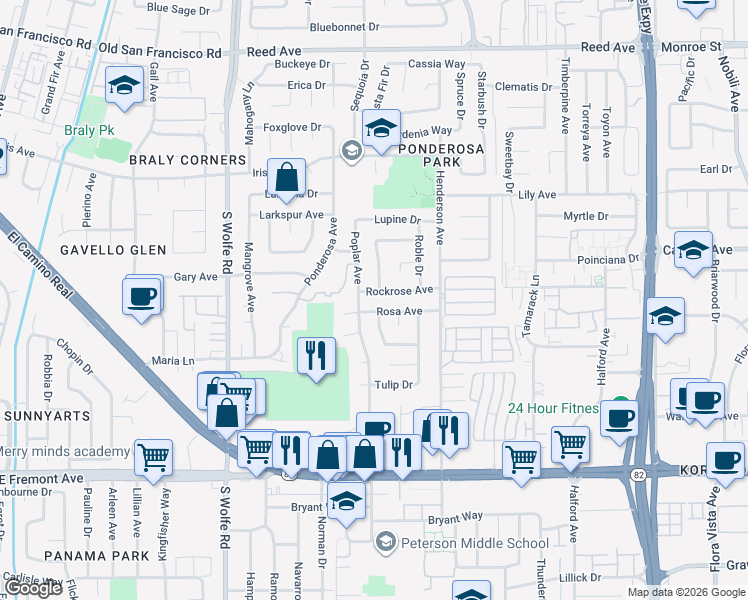 map of restaurants, bars, coffee shops, grocery stores, and more near 916 Poplar Avenue in Sunnyvale