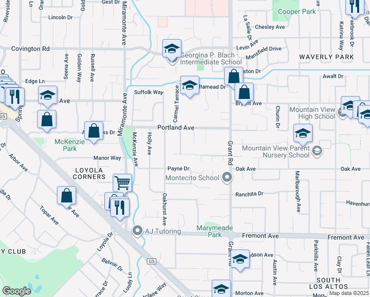 map of restaurants, bars, coffee shops, grocery stores, and more near 1178 Eureka Avenue in Los Altos