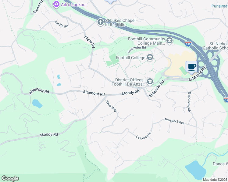 map of restaurants, bars, coffee shops, grocery stores, and more near 25525 Adobe Lane in Los Altos Hills