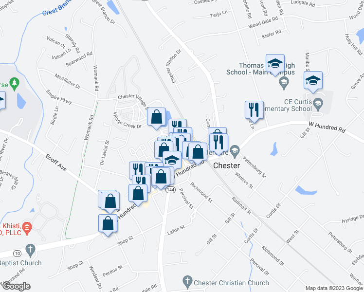 map of restaurants, bars, coffee shops, grocery stores, and more near 4125 Celebration Avenue in Chester