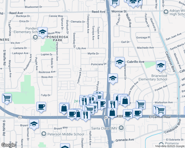 map of restaurants, bars, coffee shops, grocery stores, and more near 3715 Terstena Place in Santa Clara