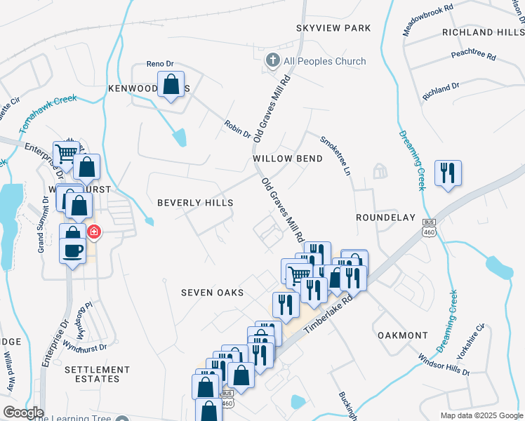 map of restaurants, bars, coffee shops, grocery stores, and more near 138 Salisbury Circle in Lynchburg