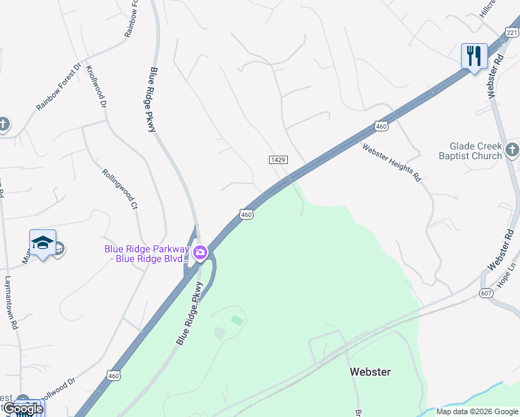 map of restaurants, bars, coffee shops, grocery stores, and more near 2790 Blue Ridge Boulevard in Roanoke