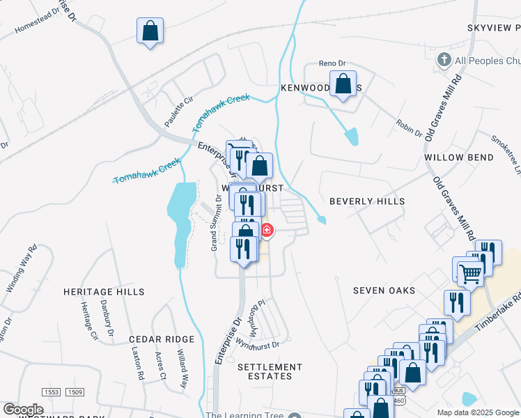 map of restaurants, bars, coffee shops, grocery stores, and more near Goldenrod Place in Lynchburg