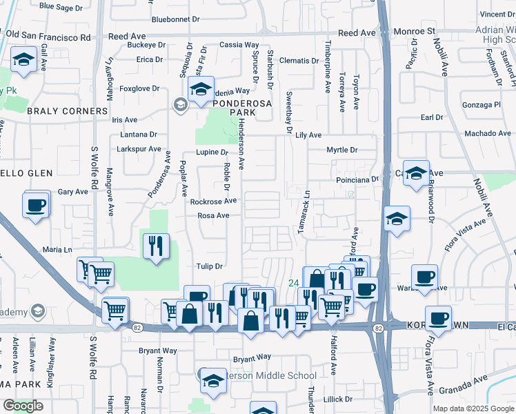 map of restaurants, bars, coffee shops, grocery stores, and more near 900 Henderson Avenue in Sunnyvale