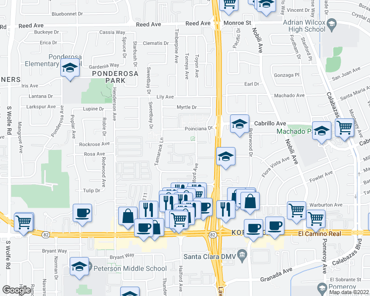 map of restaurants, bars, coffee shops, grocery stores, and more near 3715 Terstena Place in Santa Clara