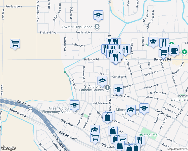 map of restaurants, bars, coffee shops, grocery stores, and more near 2409 Bonjour Court in Atwater