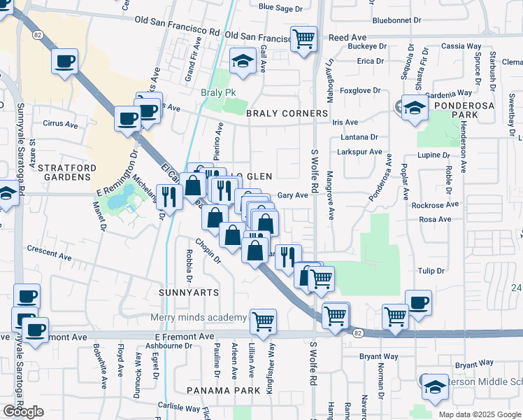 map of restaurants, bars, coffee shops, grocery stores, and more near 940 Linden Avenue in Sunnyvale