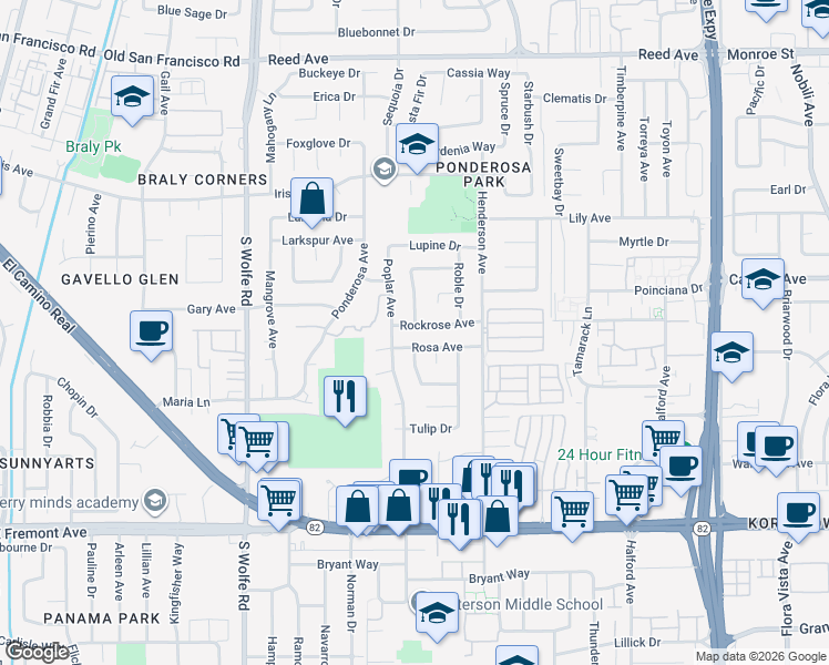 map of restaurants, bars, coffee shops, grocery stores, and more near 921 Quercus Court in Sunnyvale