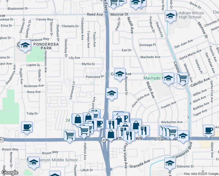 map of restaurants, bars, coffee shops, grocery stores, and more near 1889 Lawrence Road in Santa Clara