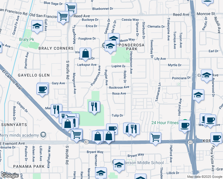 map of restaurants, bars, coffee shops, grocery stores, and more near 886 Poplar Avenue in Sunnyvale