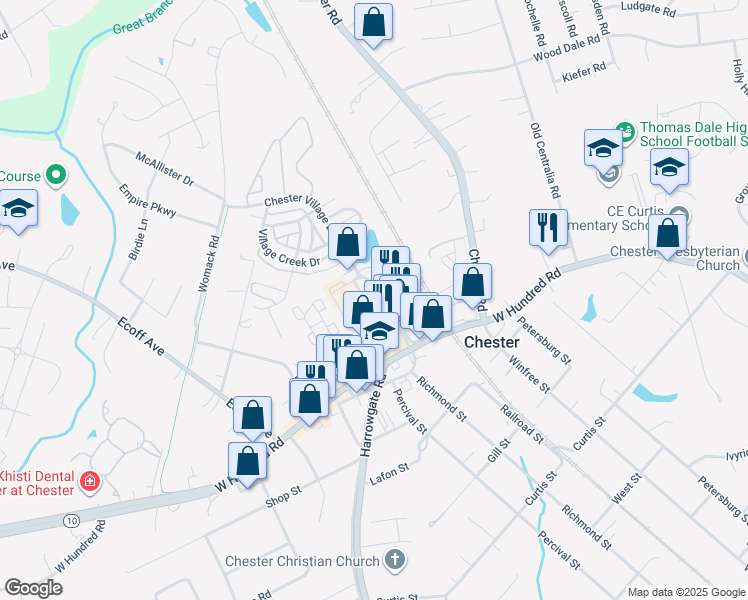 map of restaurants, bars, coffee shops, grocery stores, and more near 11701 Chester Village Drive in Chester