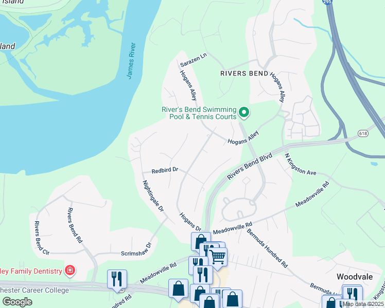 map of restaurants, bars, coffee shops, grocery stores, and more near 12602 Hogans Drive in Chester