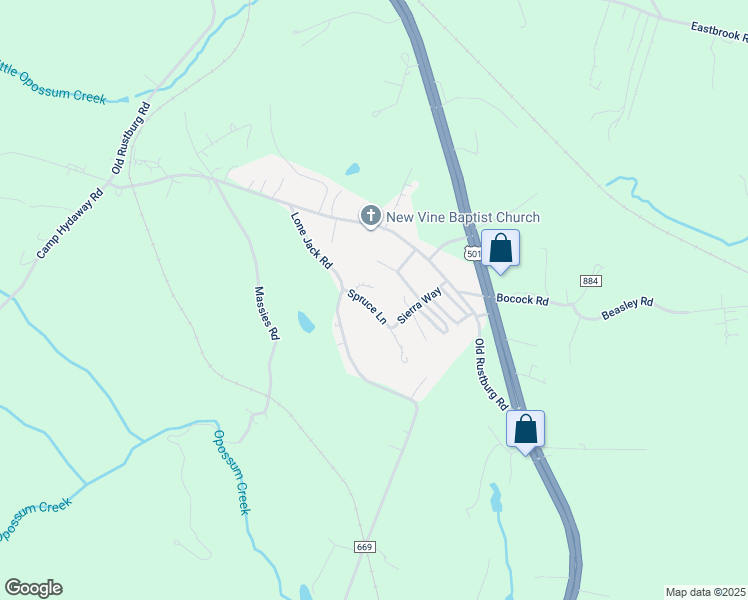 map of restaurants, bars, coffee shops, grocery stores, and more near 2509 Lone Jack Road in Lynchburg