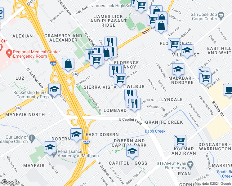 map of restaurants, bars, coffee shops, grocery stores, and more near 2604 Declaration Drive in San Jose