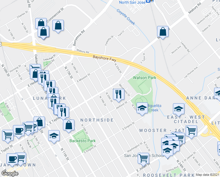 map of restaurants, bars, coffee shops, grocery stores, and more near 731 North 21st Street in San Jose