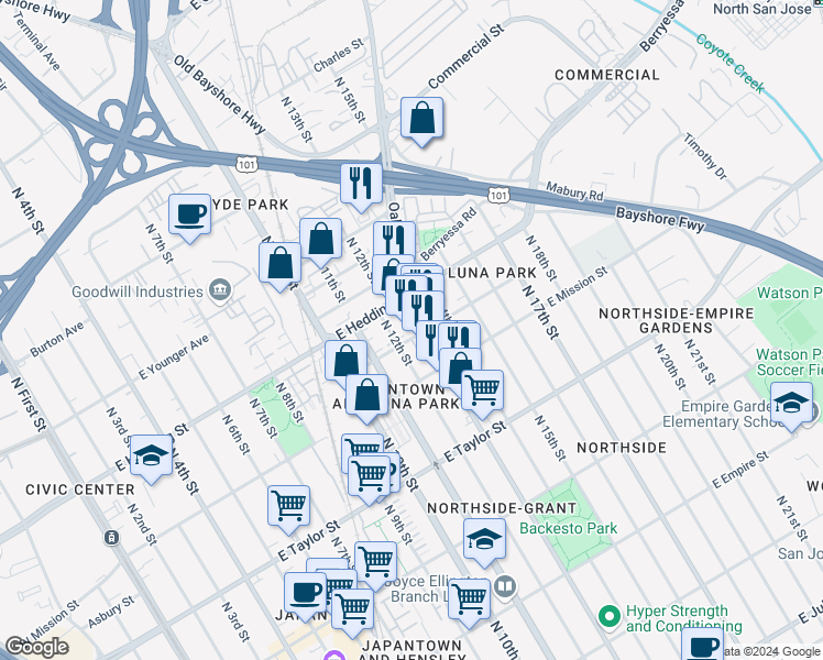 map of restaurants, bars, coffee shops, grocery stores, and more near 885 North 14th Street in San Jose